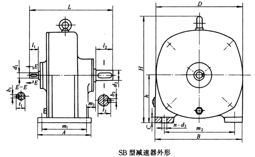SB系列雙擺線針輪減速機外形及安裝尺寸、針齒中心圓直徑及傳動比
